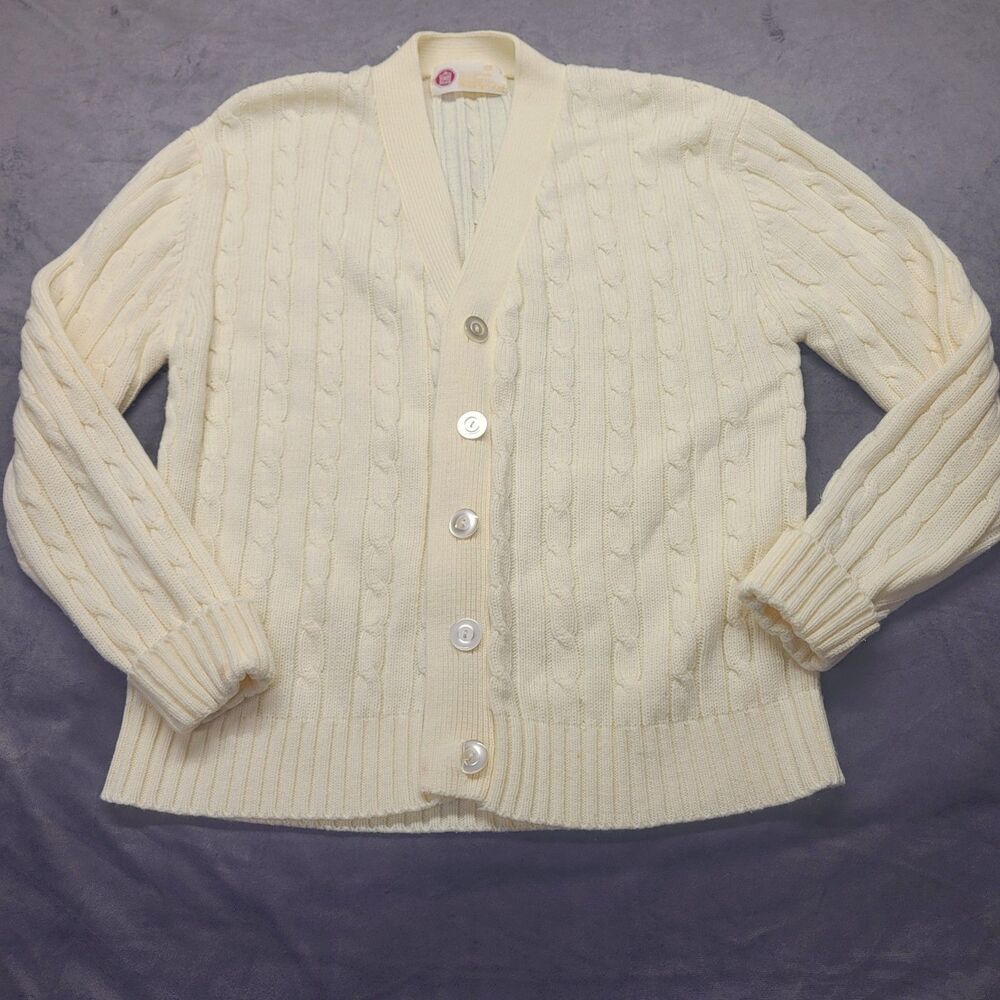 VTG Mens Sears Kings Road Cardigan Sweater M Ivory Button Up Long Sleeve